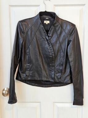 June Genuine Leather Jacket Womens Medium Black Minimalist Moto Open Front